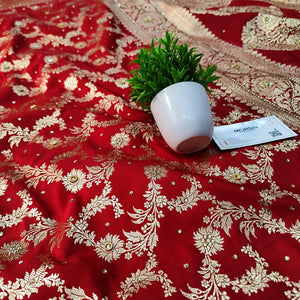 Red Moglai Jaal Stone Work Katan Banarasi Saree