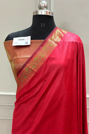 Red Plain Golden Zari Silky Banarasi Saree