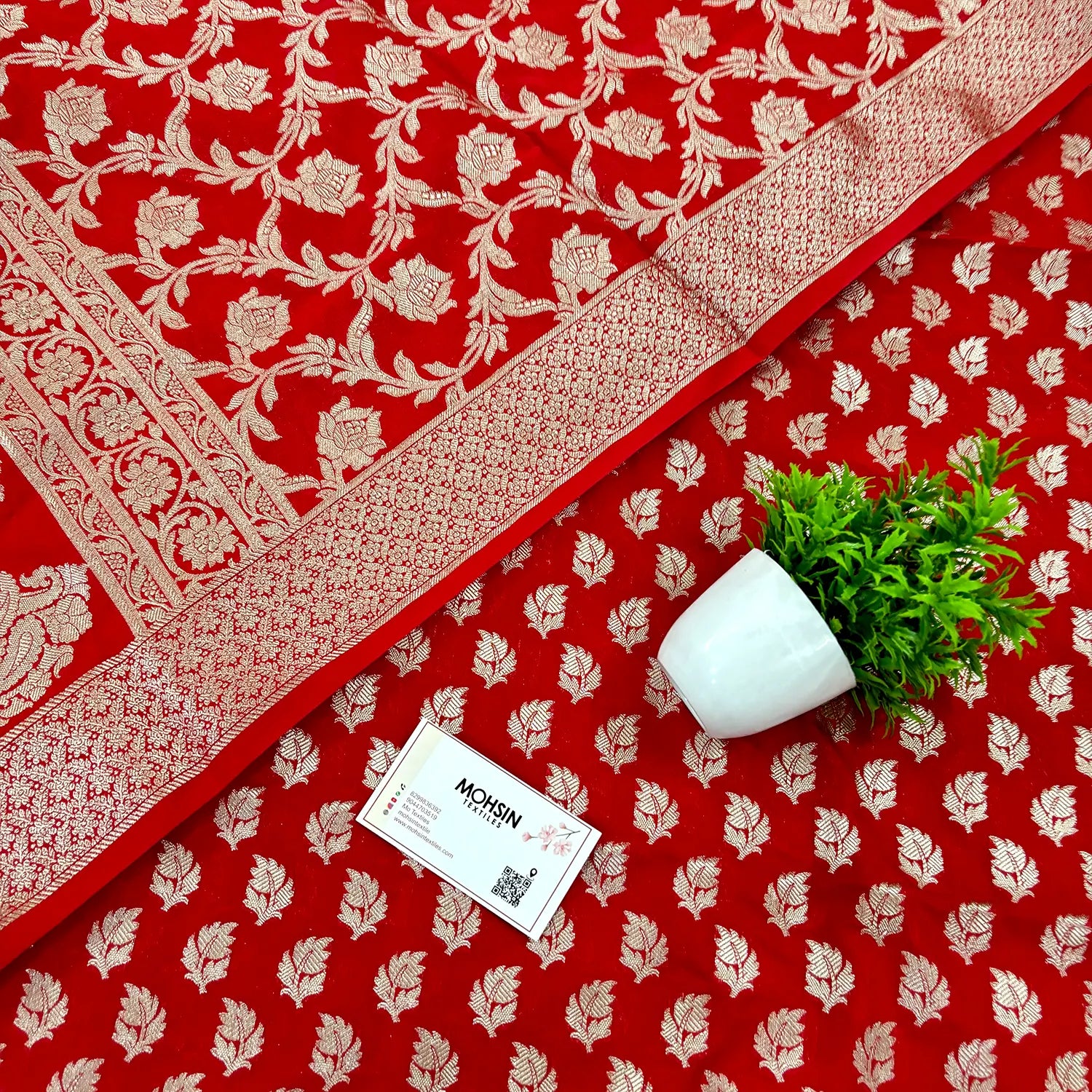 Red Tedhi Patti Katan Silk Banarasi Suit