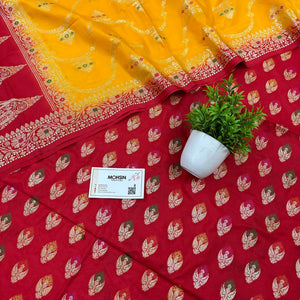 Red and Yellow Golden Zari Katan Silk Banarasi Suit