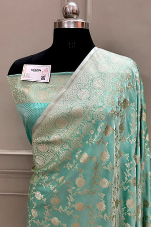 Sea Green Surajmukhi Jaal Katan Silk Banarasi Saree