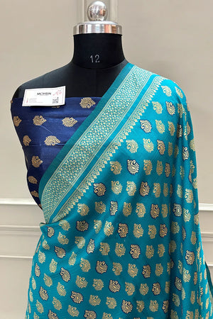 Sea Green and Navy Blue Resham Zari Silky Banarasi Saree