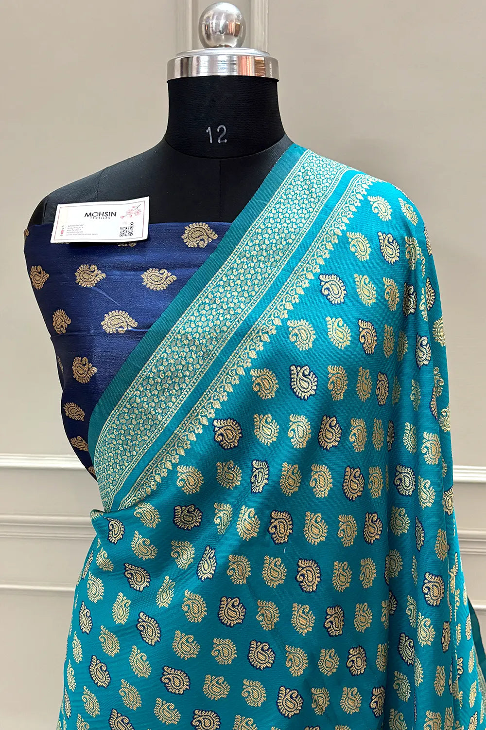Sea Green and Navy Blue Resham Zari Silky Banarasi Saree