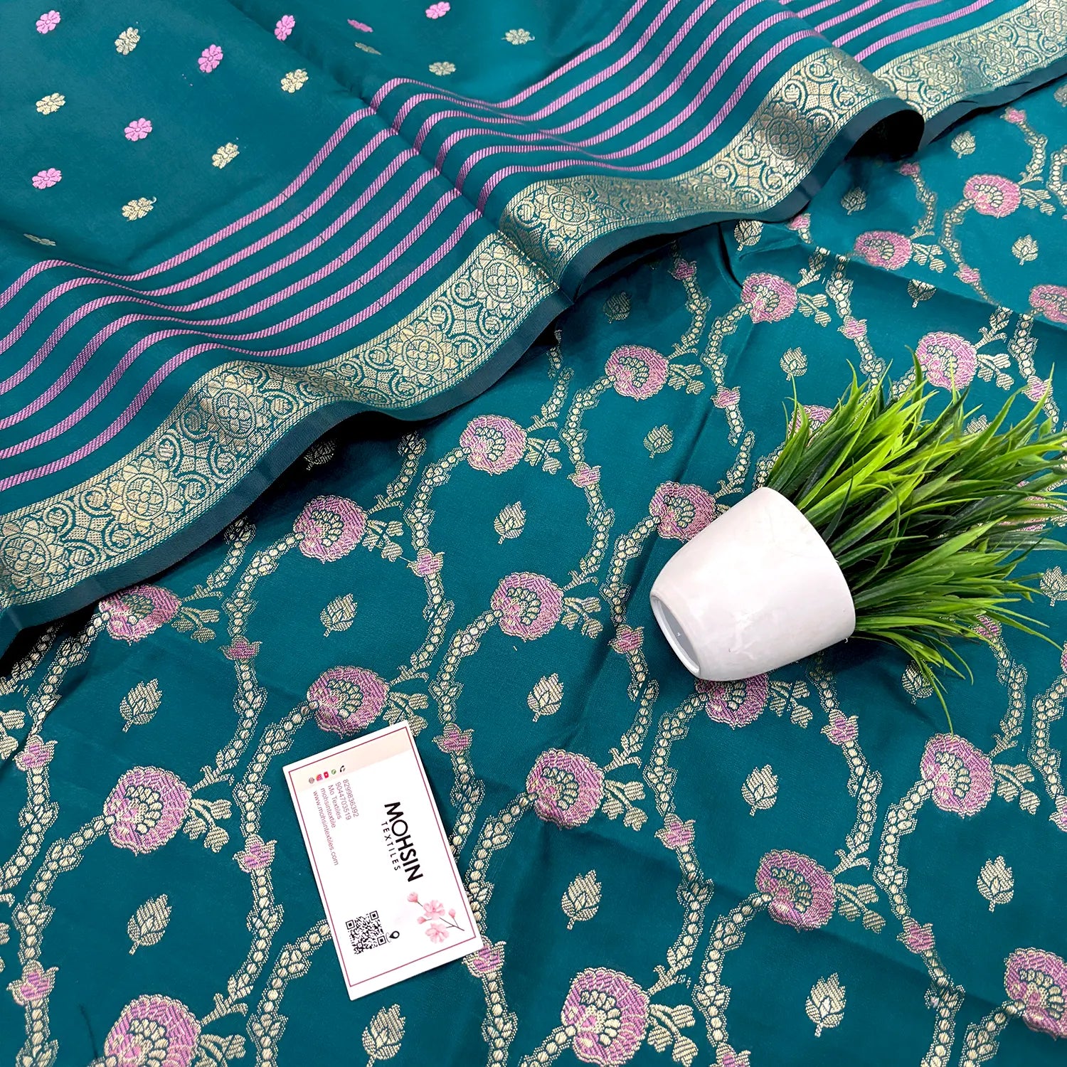 Teal Golden Zari Satin Silk Banarasi Suit