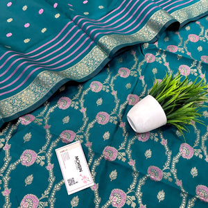 Teal Golden Zari Satin Silk Banarasi Suit