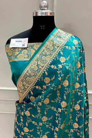 Teal Jangla Katan Silk Banarasi Saree