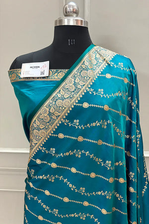 Teal Sunehri Lehar Katan Silk Banarasi Saree