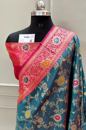 Teal and Pink Golden Zari Silky Banarasi Saree
