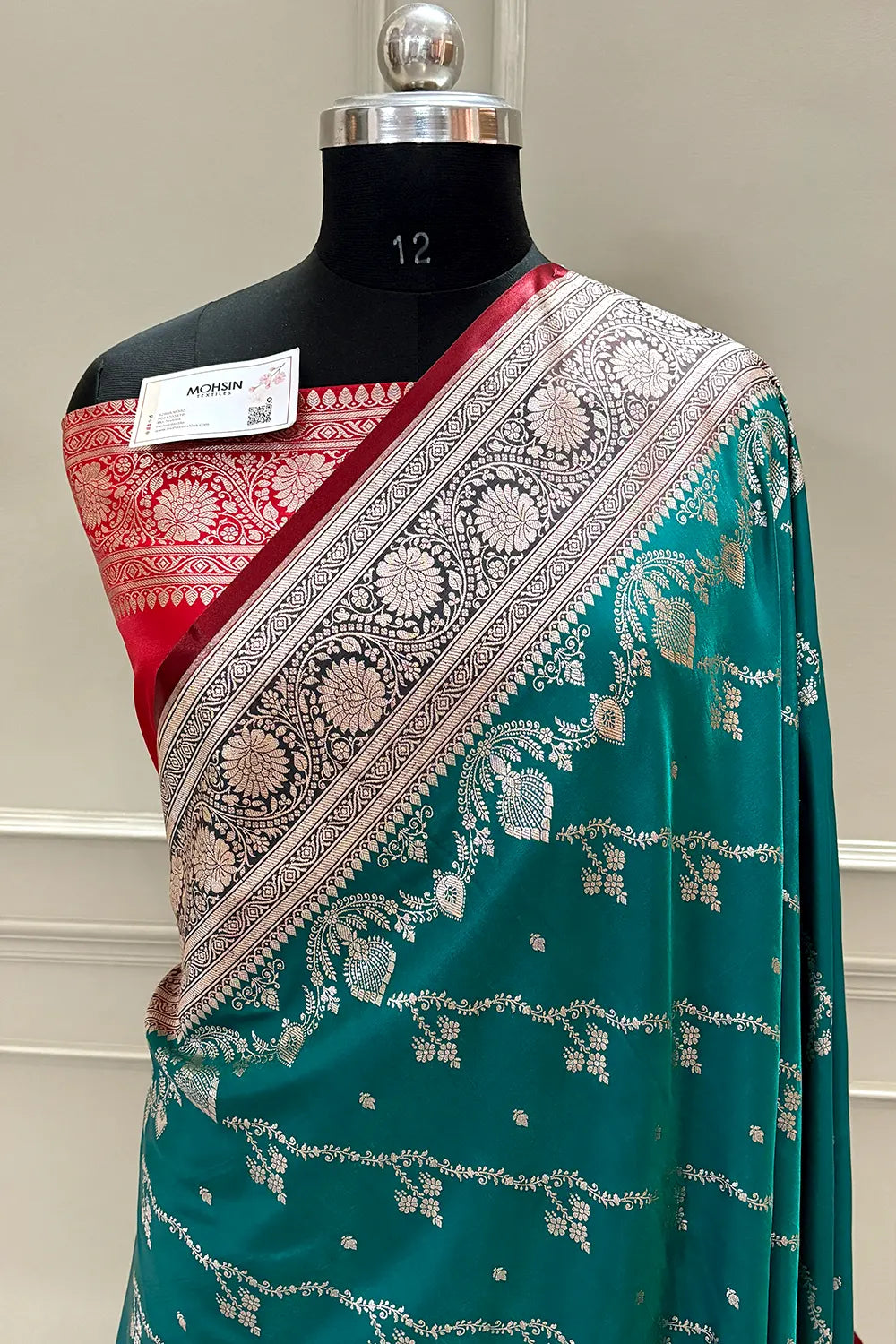 Teal and Red Golden Zari Katan Silk Banarasi Saree