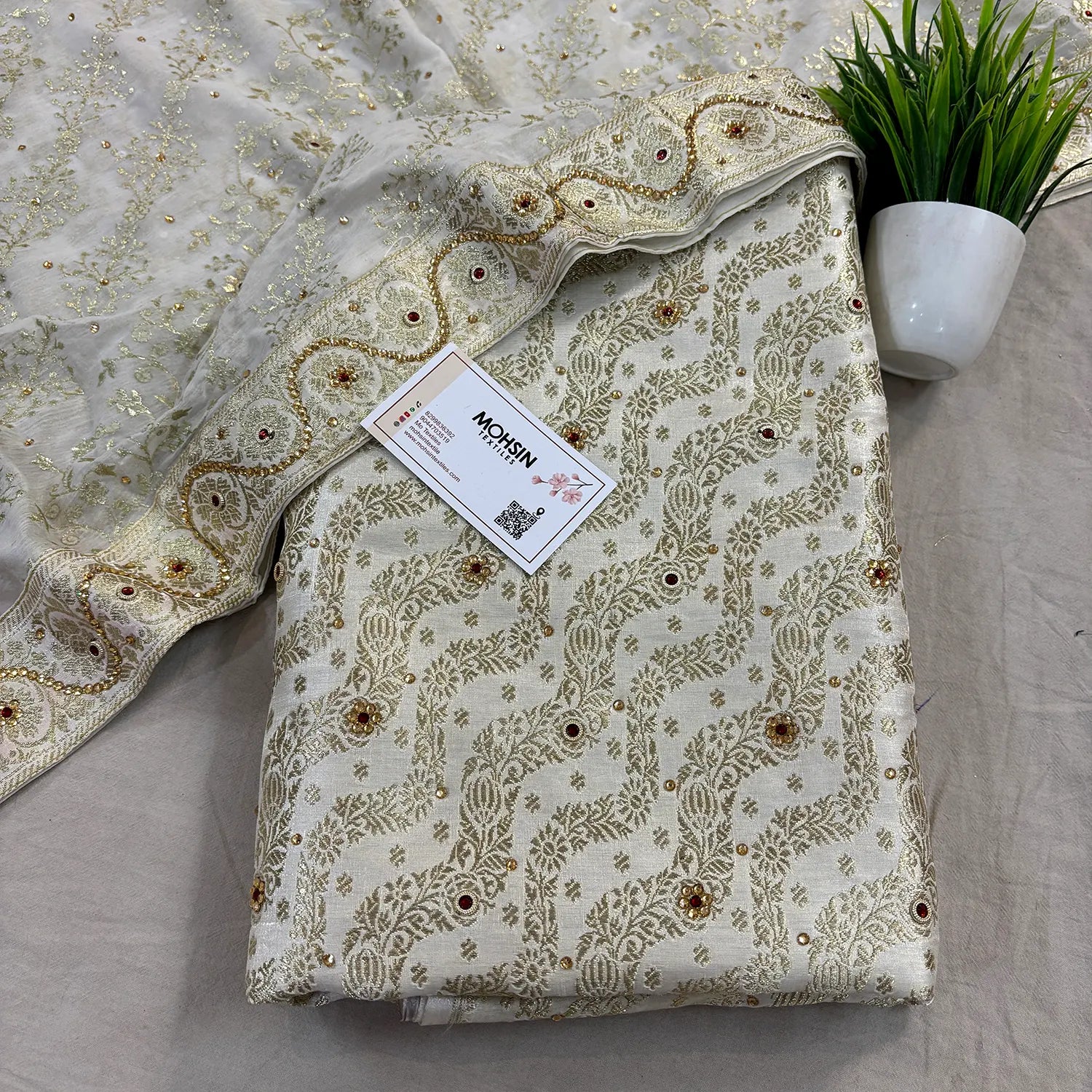 White Jharna Laher Stone Work Kimkhab Silk Banarasi Gharara