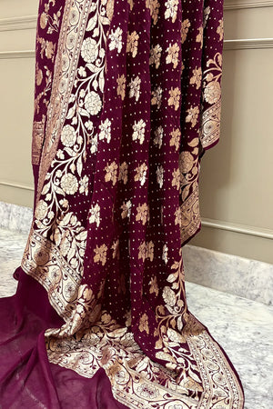 Wine Golden Zari Pure Georgette Silk Banarasi Suit