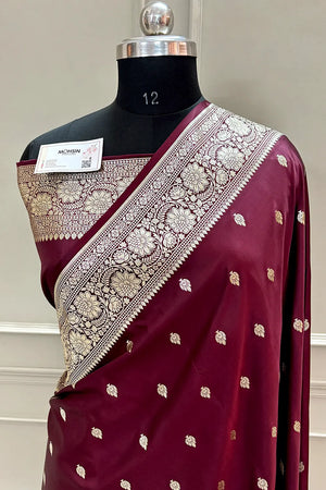 Wine Mario Patti Katan Silk Banarasi Saree