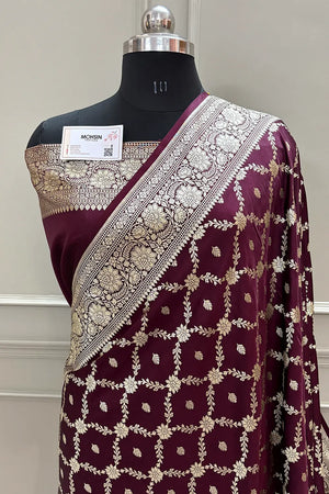 Wine Qaidi Buti Katan Silk Banarasi Saree