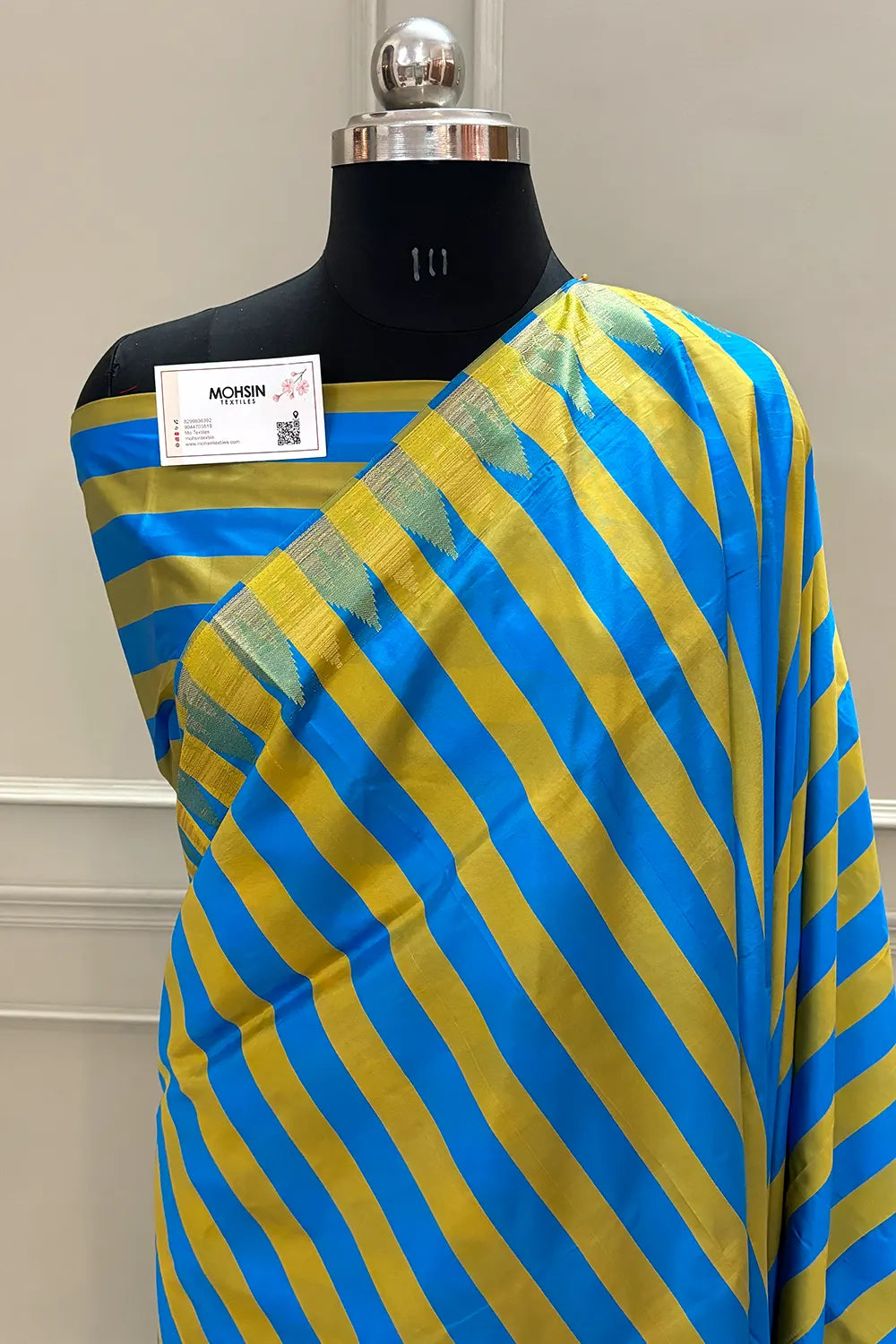 Yellow and Blue Stripe Plain Satin Silk Banarasi Saree