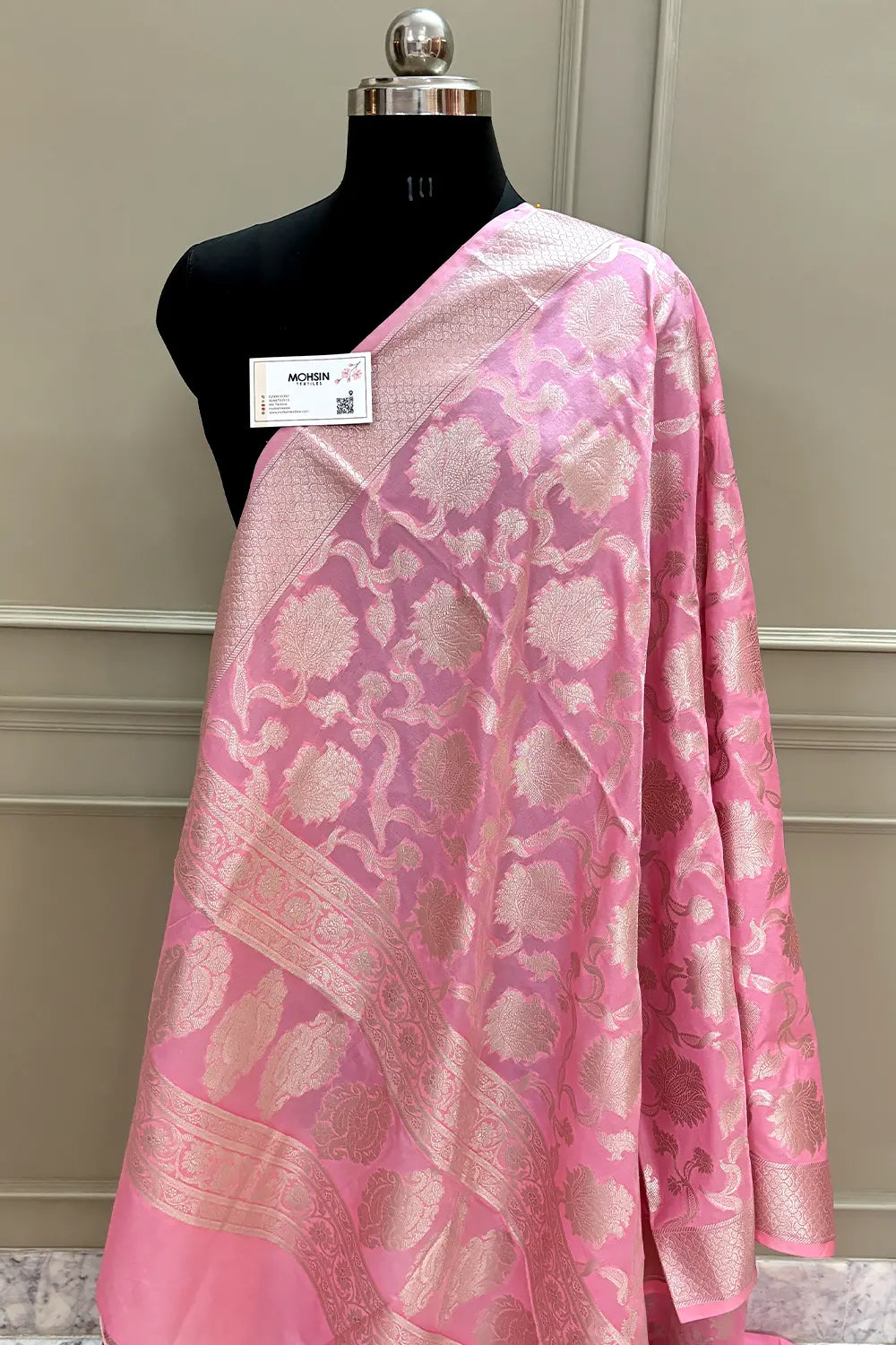 Baby Pink Golden Zari Katan Silk Banarasi Dupatta