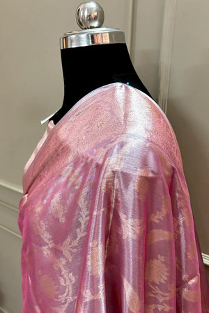 Baby Pink Golden Zari Tissue Silk Banarasi Saree