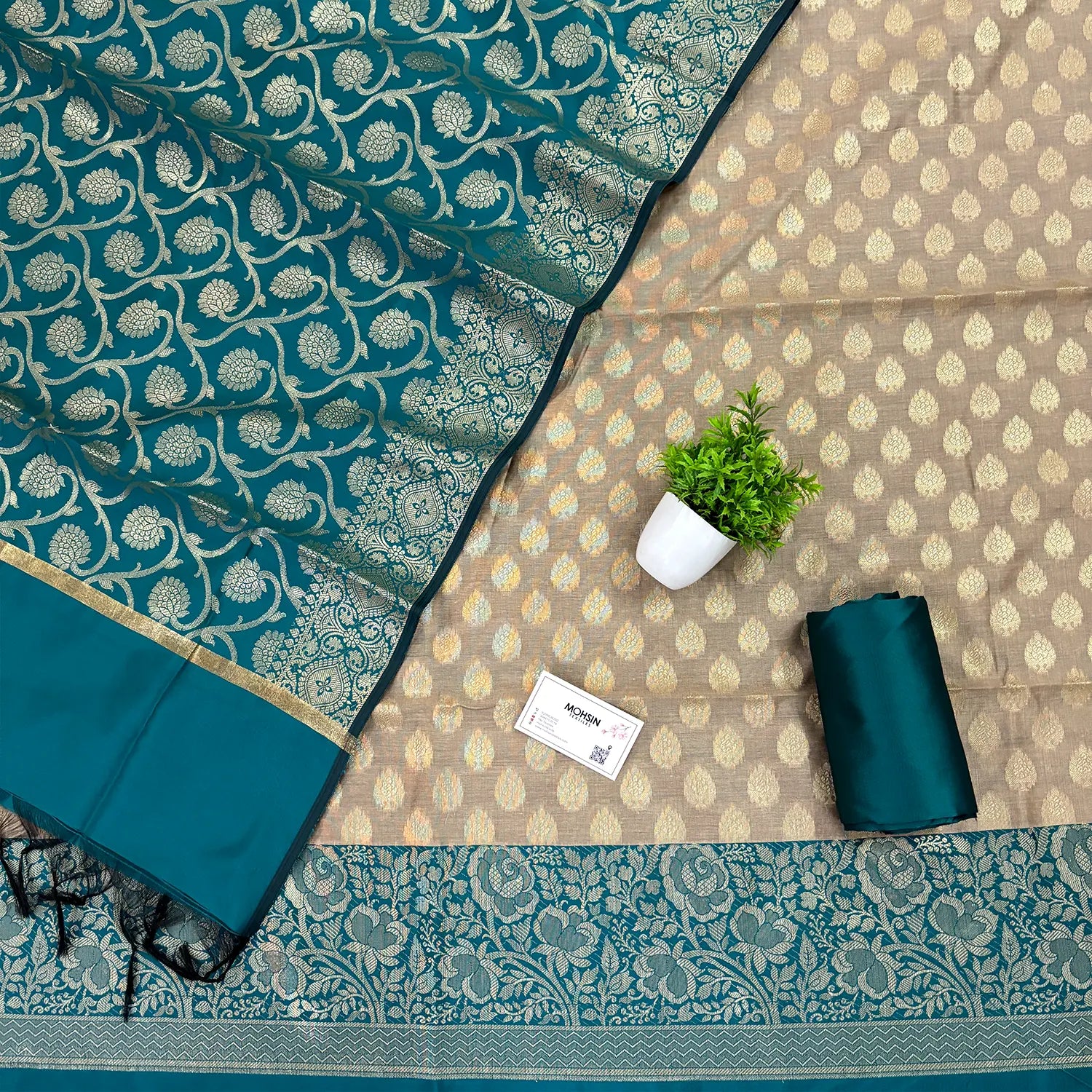 Beige and Teal Gulkan Buti Satin Silk Banarasi Suit