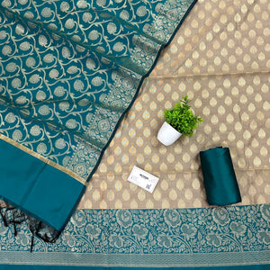 Beige and Teal Gulkan Buti Satin Silk Banarasi Suit