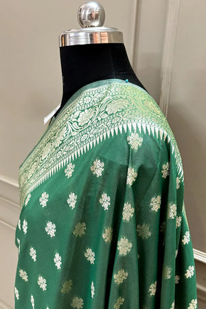 Bottle Green Golden Zari Crepe Silk Banarasi Saree