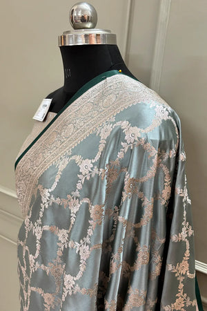 Bottle Green Scorpion Jaal Katan Silk Banarasi Saree
