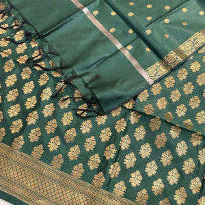 Bottle Green Tri Phool Satin Silk Banarasi Suit