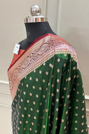 Bottle Green and Red Makkhi Buti Katan Silk Banarasi Saree