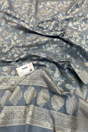 Grey Golden Zari Katan Silk Banarasi Dupatta