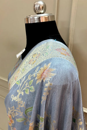 Grey Shakahari Jaal Georgette Silk Banarasi Saree