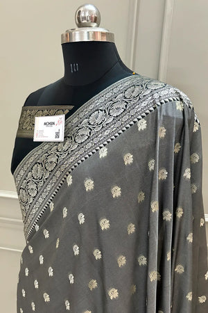 Grey and Black Ghonga Buti Katan Silk Banarasi Saree