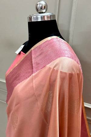 Light Peach and Pink Golden Zari Banarasi Silk Saree