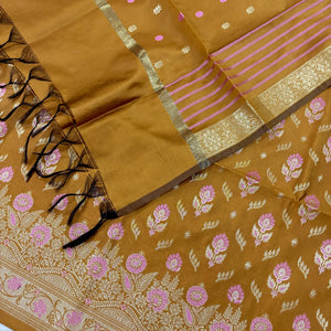 Mustard Golden Zari Satin Silk Banarasi Suit