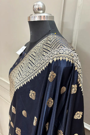 Navy Blue Chagan Patti Katan Silk Banarasi Saree
