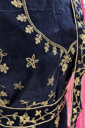 Navy Blue and Pink Zariwork Semi Stitched Velvet Lahenga