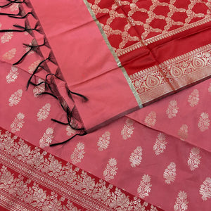 Peach and Red Phooldaan Buti Satin Silk Banarasi Suit