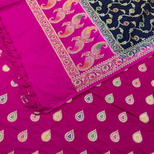 Pink and Navy Blue Golden Zari Katan Silk Banarasi Suit