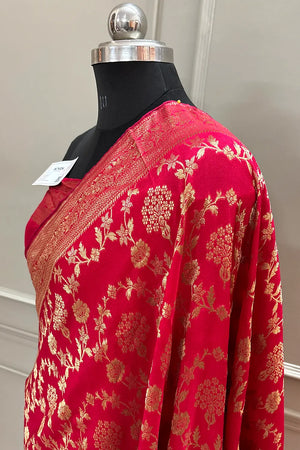 Pinkish Red Golden Zari Georgette Silk Banarasi Saree