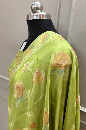 Pista Rosy Jaal Georgette Silk Banarasi Saree