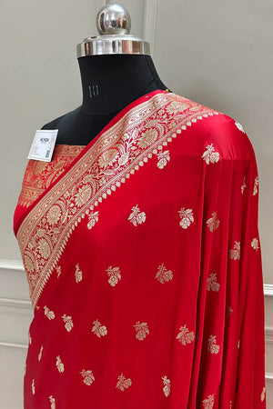 Red Chaman Buti Katan Silk Banarasi Saree