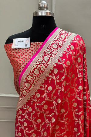 Red Chandramukhi Jaal Katan Silk Banarasi Saree