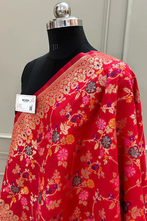 Red Golden Zari Katan Silk Banarasi Dupatta