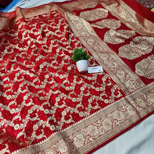 Red Moglai Jaal Stone Work Katan Banarasi Saree