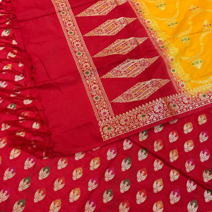 Red and Yellow Golden Zari Katan Silk Banarasi Suit
