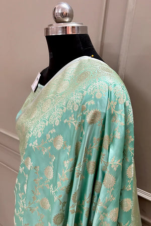Sea Green Surajmukhi Jaal Katan Silk Banarasi Saree