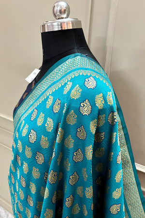 Sea Green and Navy Blue Resham Zari Silky Banarasi Saree