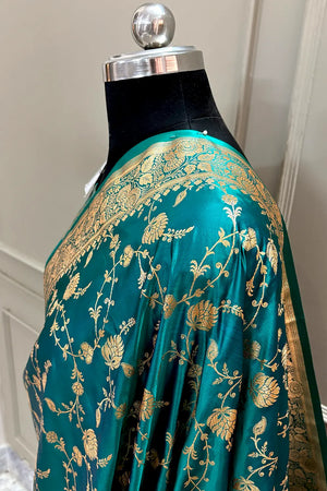 Teal Jangla Katan Silk Banarasi Saree