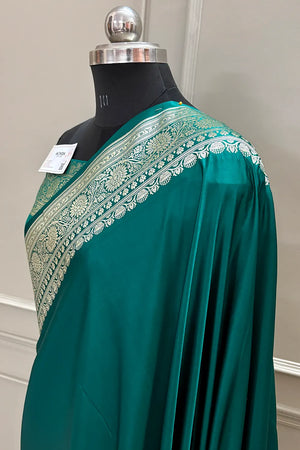 Teal Plain Golden Zari Katan Silk Banarasi Saree