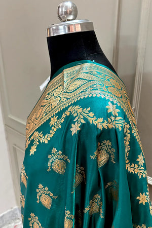 Teal Ruby Buti Katan Silk Banarasi Saree