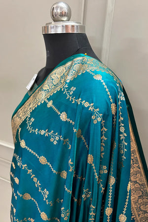 Teal Sunehri Lehar Katan Silk Banarasi Saree