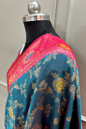 Teal and Pink Golden Zari Silky Banarasi Saree