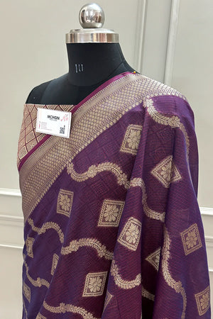 Wine Behti Ganga Chanderi Silk Banarasi Saree